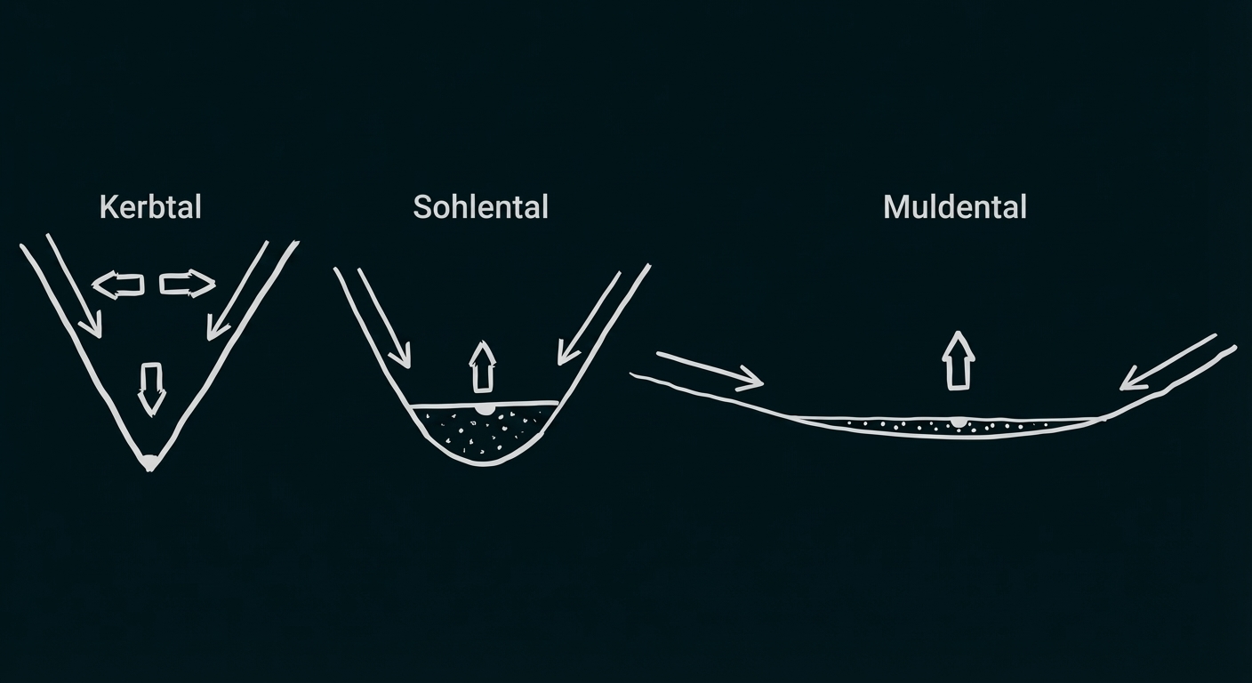 Schematische Zeichnungen von drei Tälern (Kerbtal, Sohlental, Muldental) mit Pfeilen und Sedimentdarstellungen.